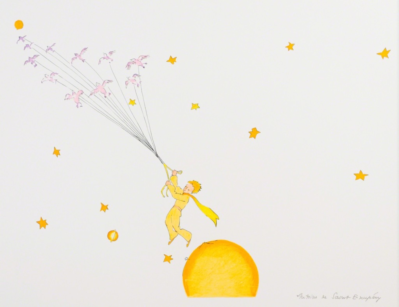 The Little Prince carried by a flock of birds