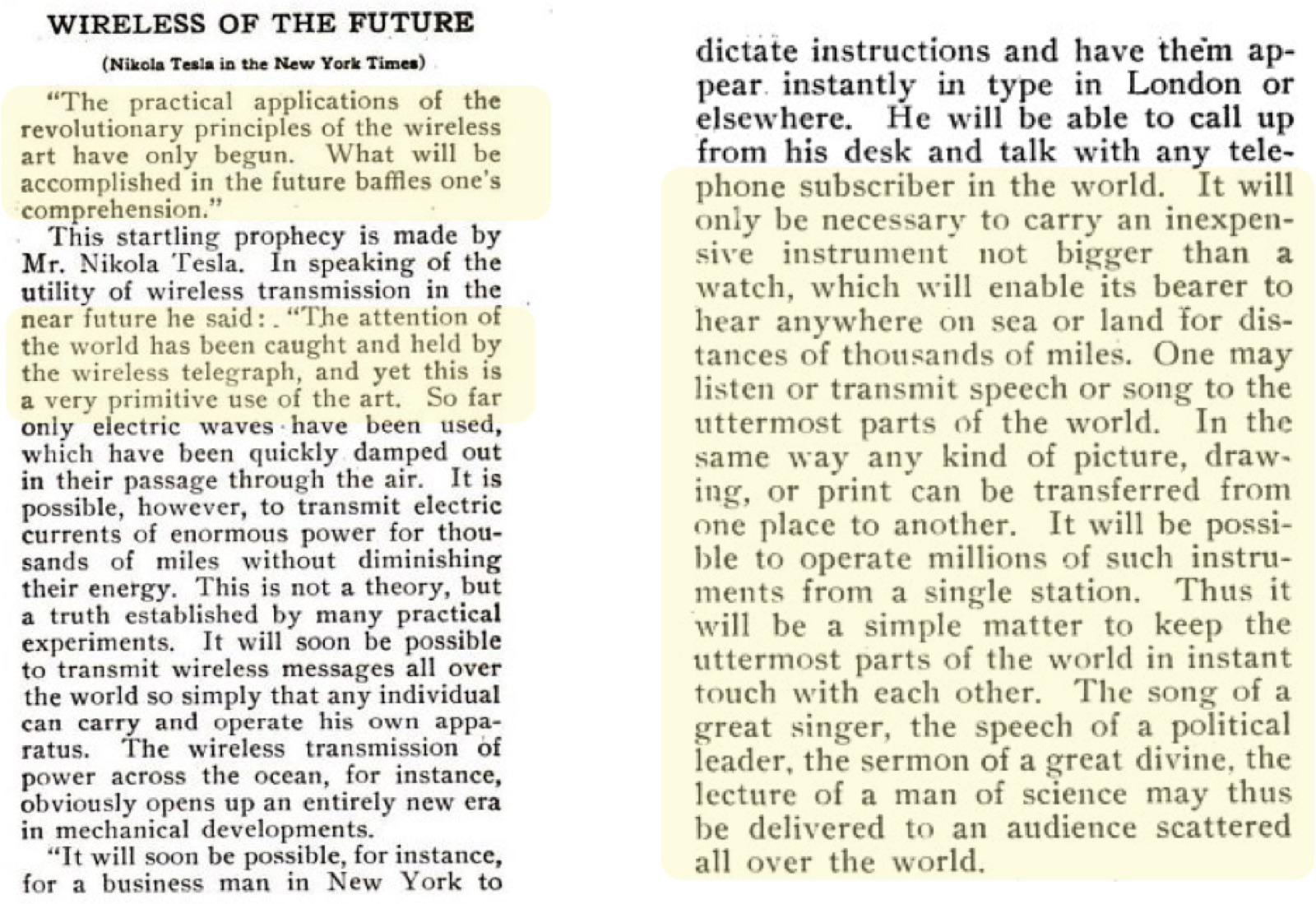 Wireless of the Future, Nikola Tesla in the New York Times